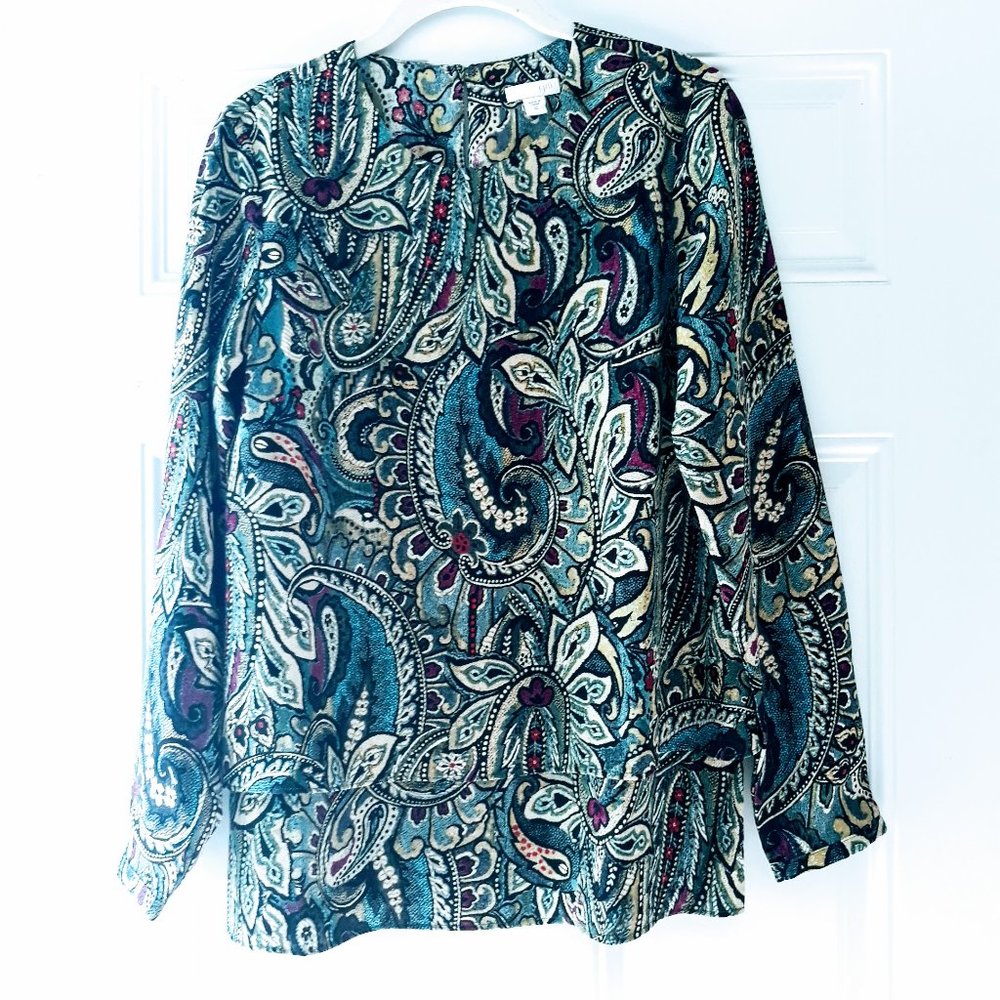 J. Jill Paisley Green Tiered Hem Tunic Blouse Sz XS